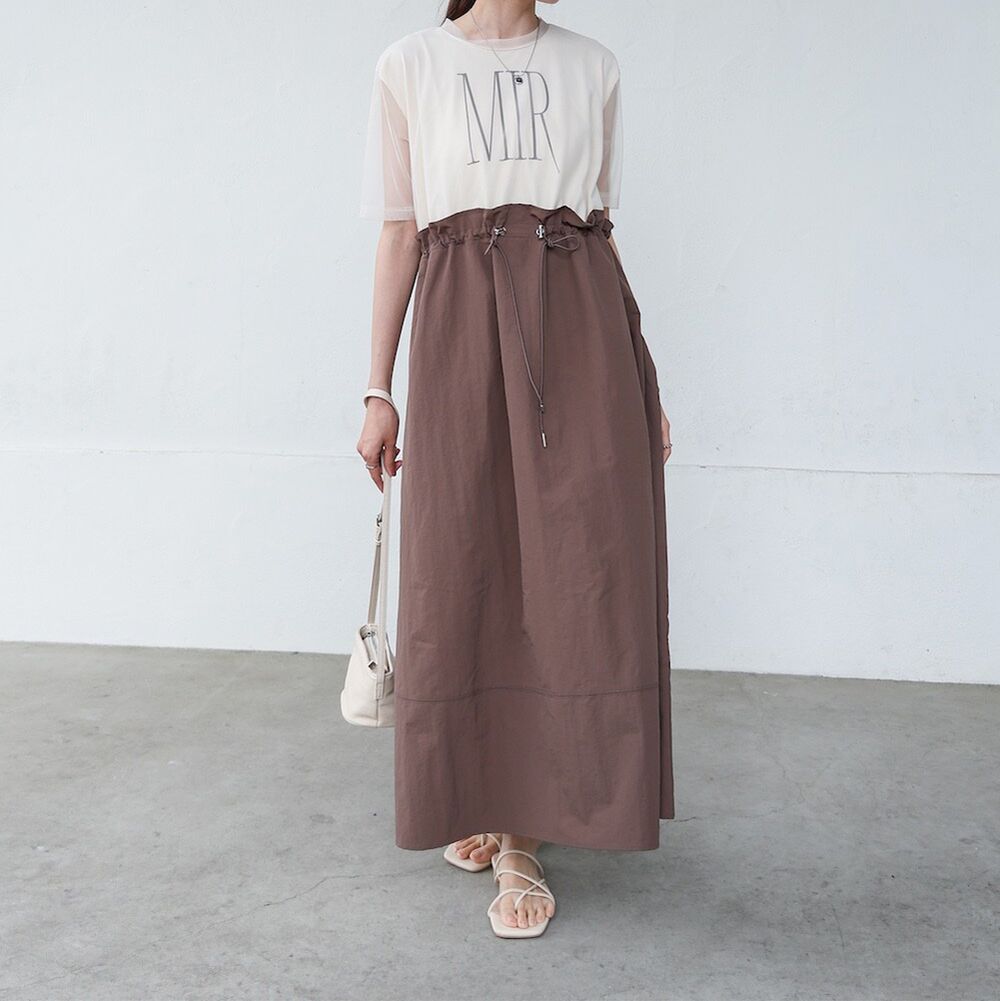 拼接層次感抽繩薄紗短袖洋裝-白x摩卡