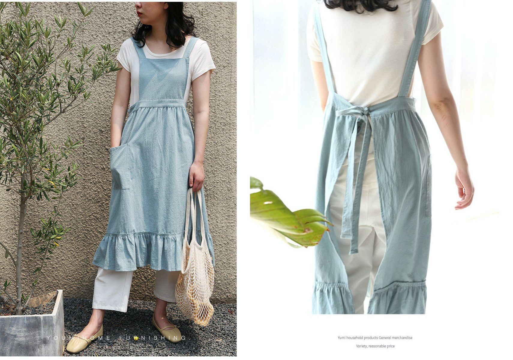 韓系荷葉裙擺花邊圍裙-西瓜紅