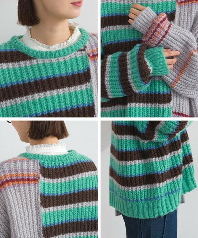 日本 Lupilien - 交錯明亮撞色條紋粗編毛衣-棕色系