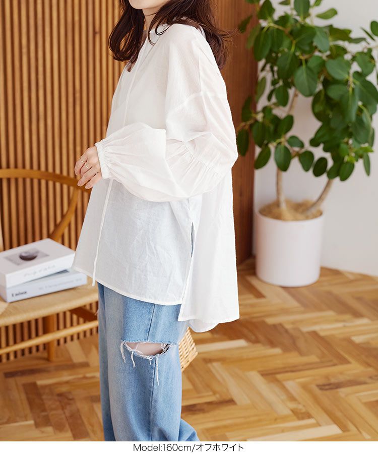 日本 Kobe Lettuce - 微透感文藝綁帶泡泡袖上衣-米白
