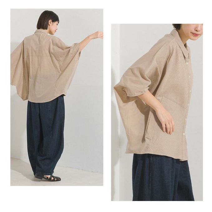 日本 OMNES - 100%印度棉 柔軟透氣寬袖襯衫(附口袋)-炭黑