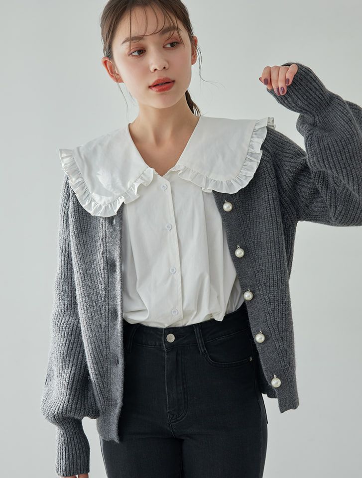 日本 fifth - 復古大片荷葉領V領襯衫-白