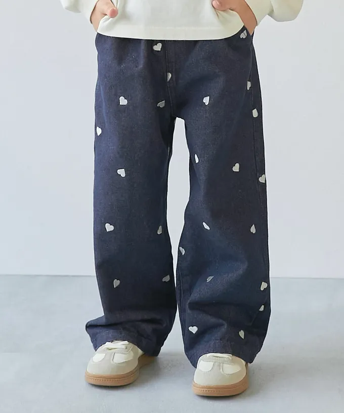 日本 devirock - 甜美亮麗刺繡刷色丹寧寬褲-愛心-黑