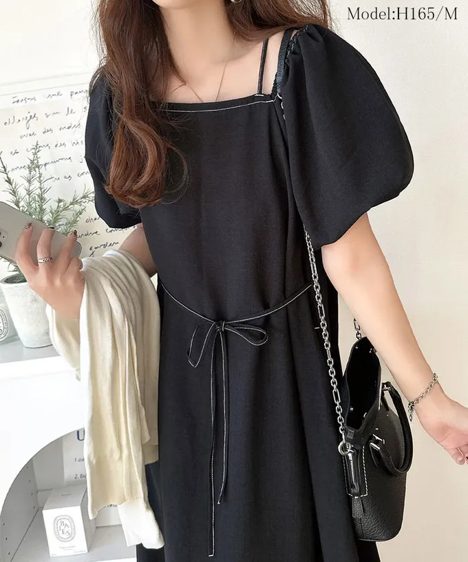 日本 Classical Elf - 典雅2way露肩腰綁帶泡泡袖洋裝-摩卡棕