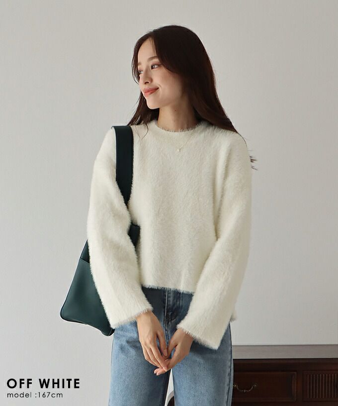 日本 BLUE EAST - 柔軟毛絨圓領毛衣-天使白