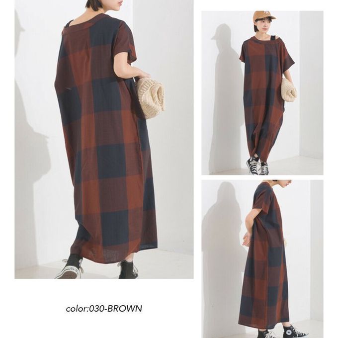 日本 OMNES - 100%印度棉 清爽格紋短袖洋裝-黑白