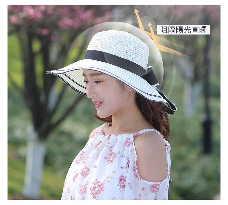 成人大帽沿撞色遮陽草帽-奶白 (55-58cm)
