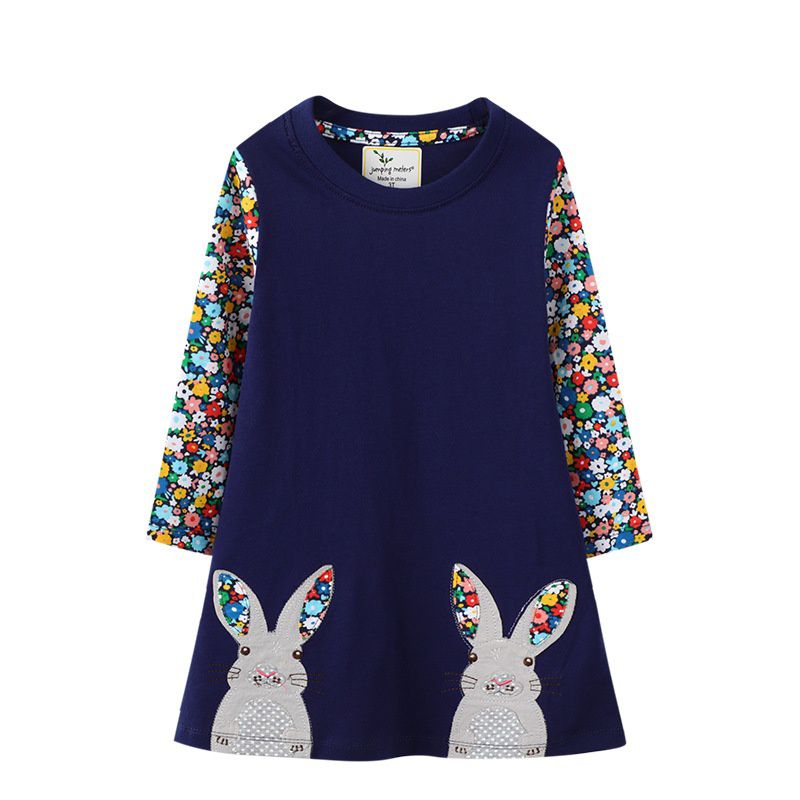 Jumping meters - 棉質圓領長袖連身洋裝-碎花兔兔-深藍色