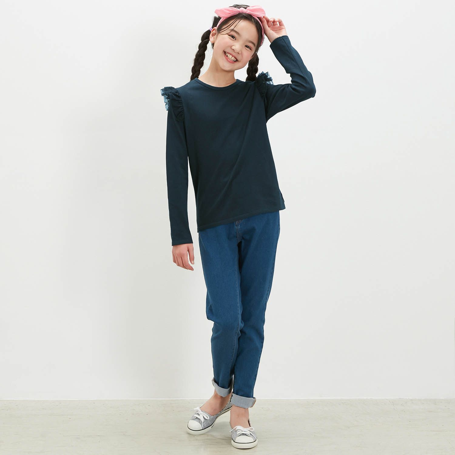 日本千趣會 - GITA 純棉圓領長袖上衣-荷葉滾邊-淺粉