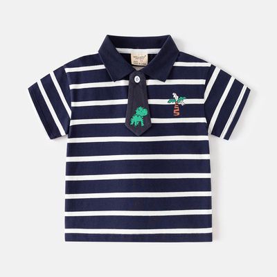 WELLKIDS - 休閒翻領短袖上衣-恐龍領帶-藏青條紋