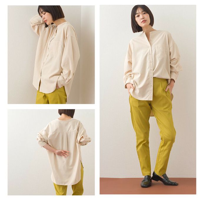 日本 OMNES - 柔滑科技棉 小立領長袖襯衫-白