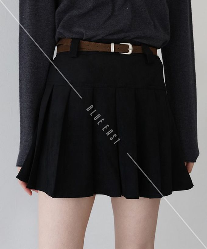 日本 BLUE EAST - 時髦麂皮百褶迷你短裙(附皮帶)-咖啡