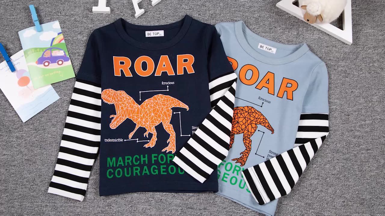 純棉圓領薄長袖上衣-線條暴龍-深藍色