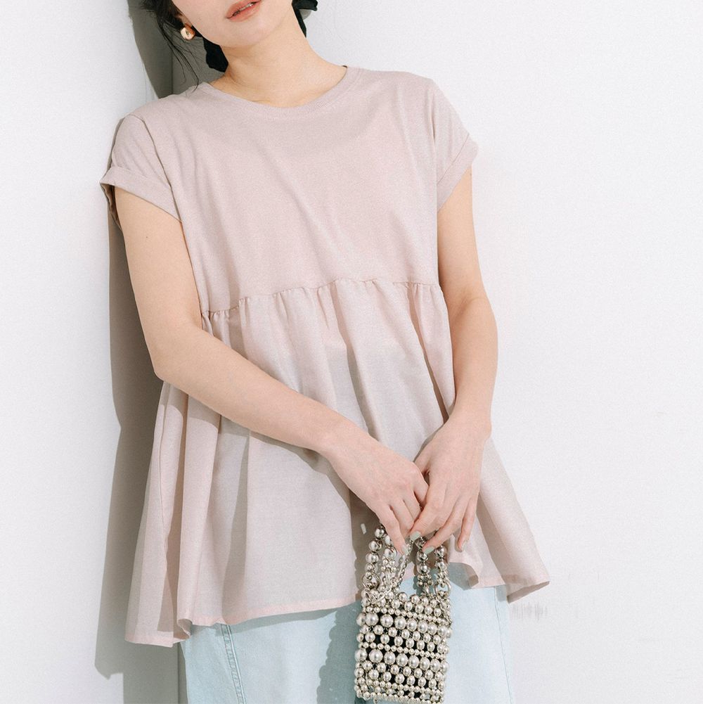 簡潔圓領藏肉傘擺短袖上衣-淺粉紅