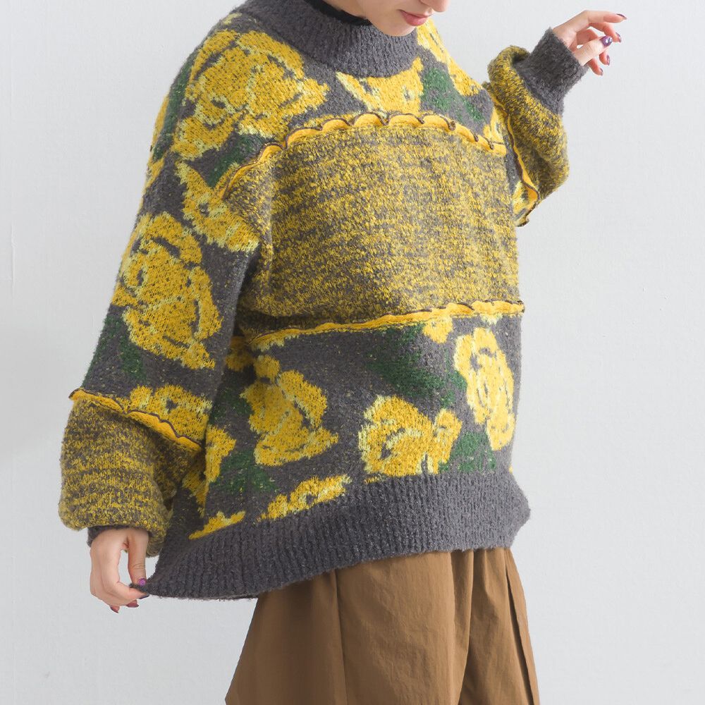 毛茸感華麗大花朵針織上衣-炭灰x黃