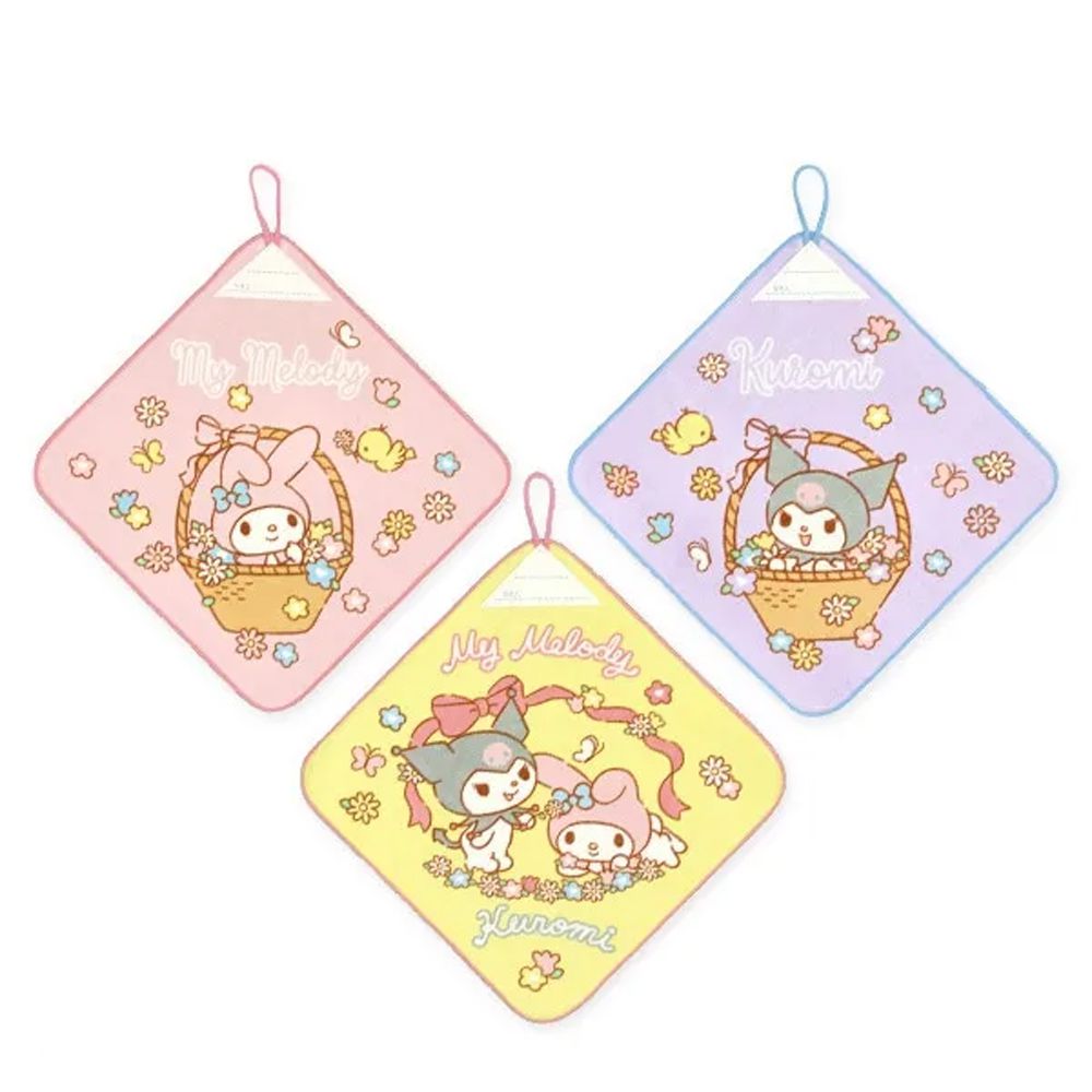 純棉可吊掛上學擦手巾/手帕(3入組)-卡通人物酷洛米-粉紅黃系 (27×27cm)