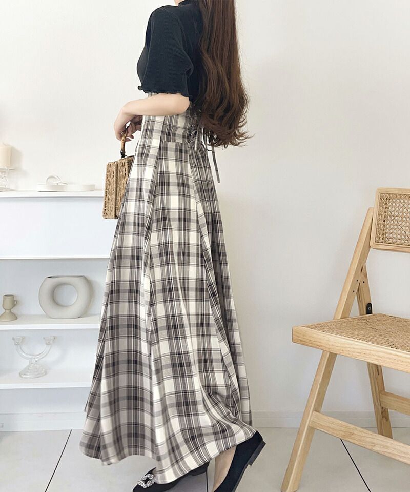 日本 Classical Elf - 浪漫格紋拼接後綁帶短袖洋裝-經典黑