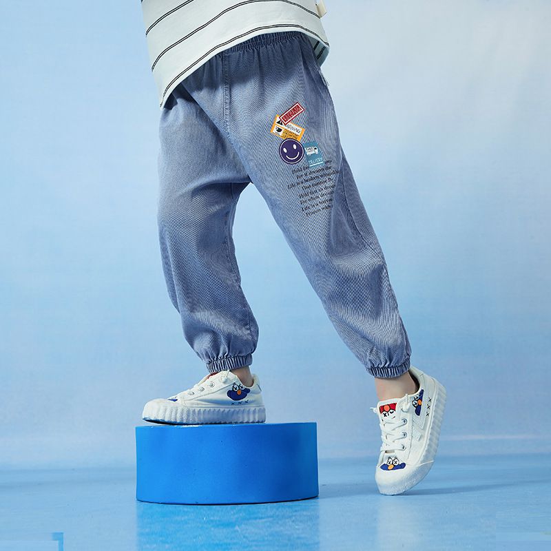 卡通圖束口長褲/防蚊褲-笑臉-藍色