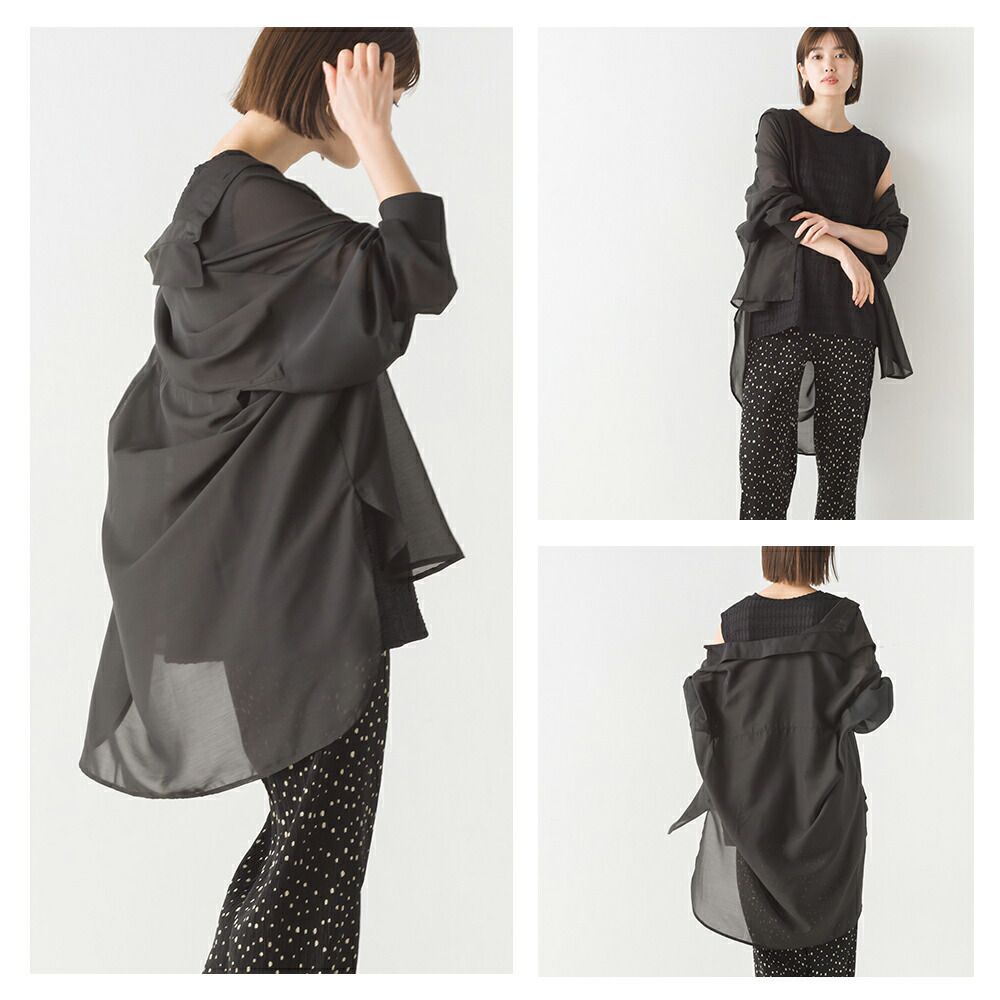 日本 OMNES - 透感前短後長翻領長袖襯衫-米杏