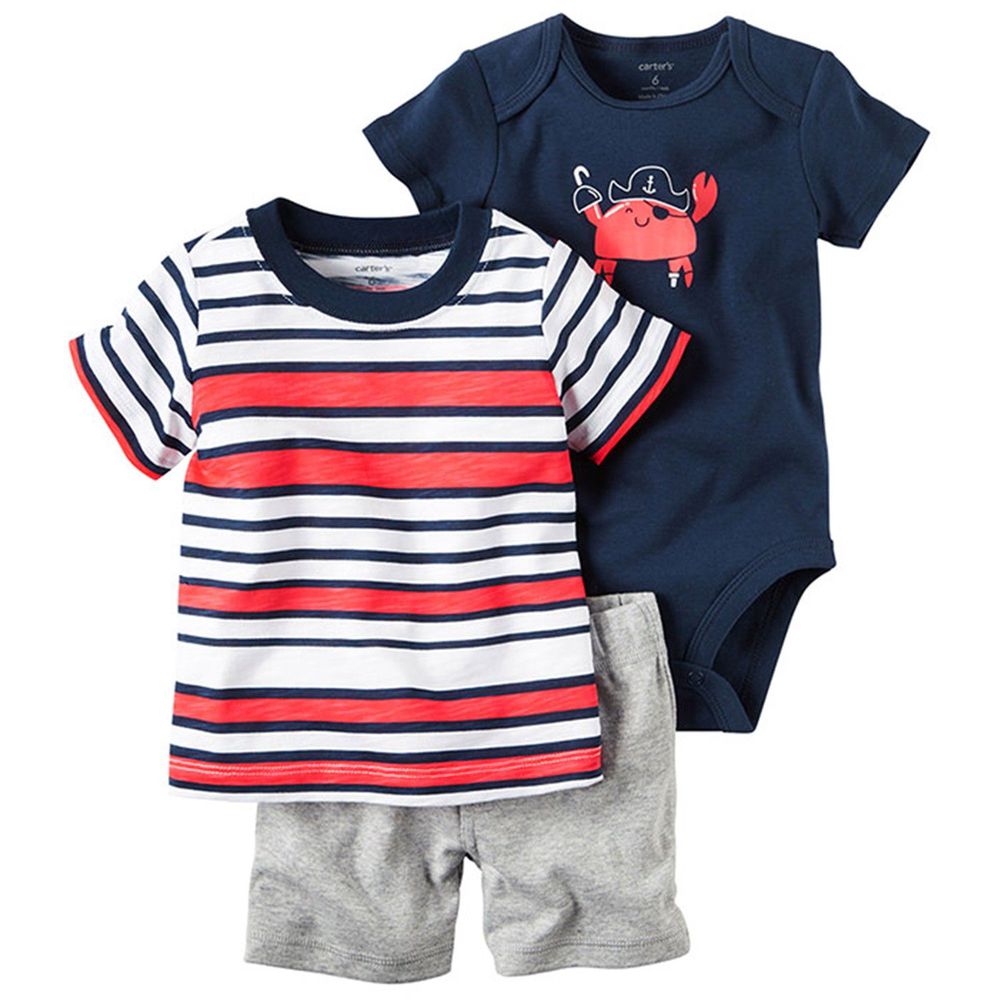 美國 Carter's - 嬰幼兒短褲套裝三件組-螃蟹海盜