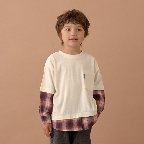 日本 b-ROOM - 假二件寬版大口袋長袖上衣-海軍藍x灰格紋