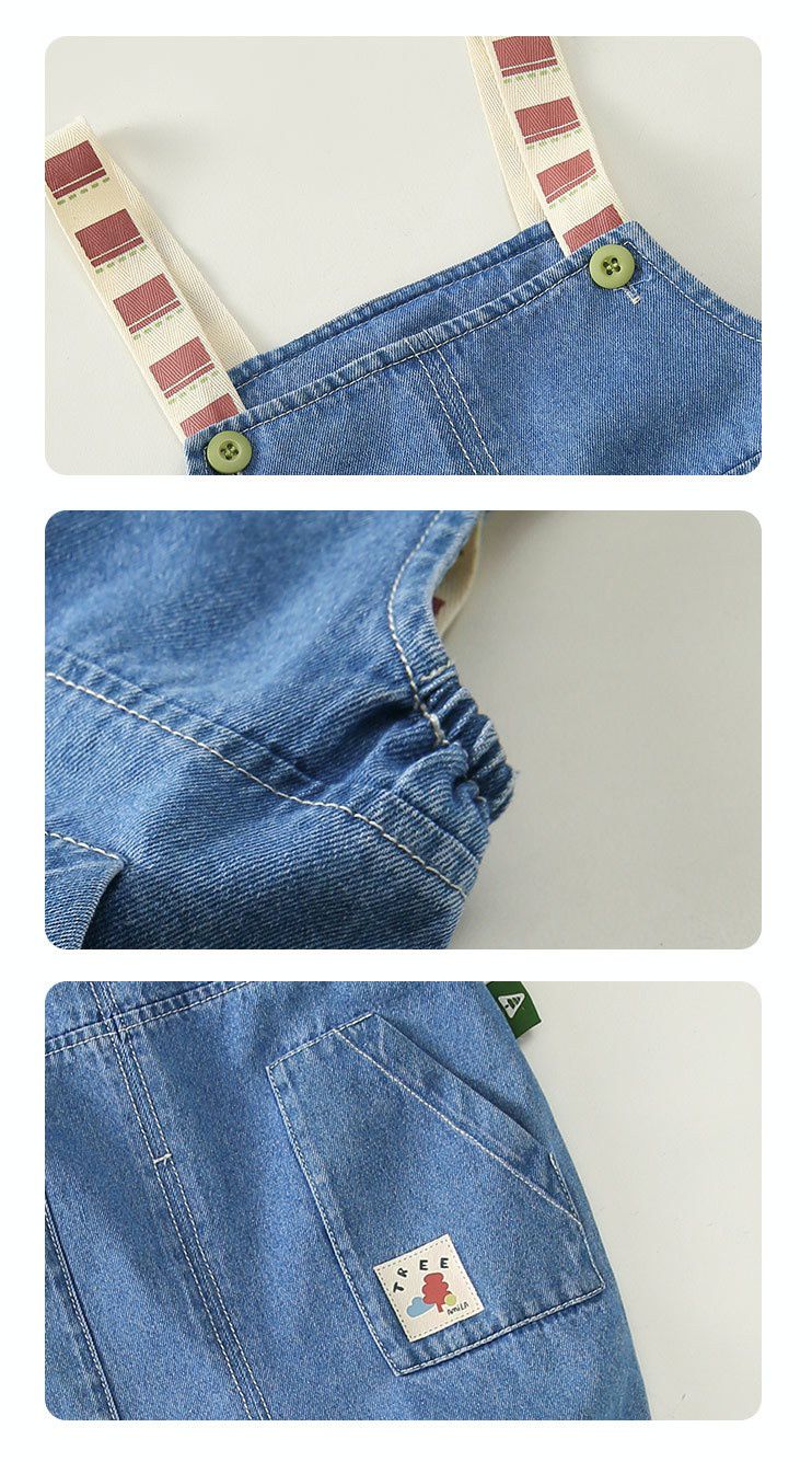 休閒條紋吊帶牛仔長褲-藍色