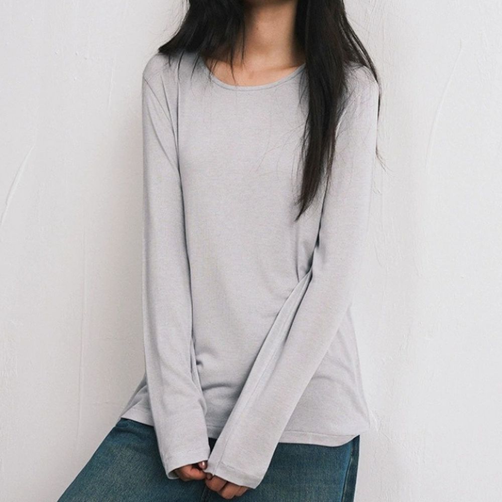 輕絨暖感3%羊毛天絲莫代爾寬鬆長袖上衣-霧絨藍