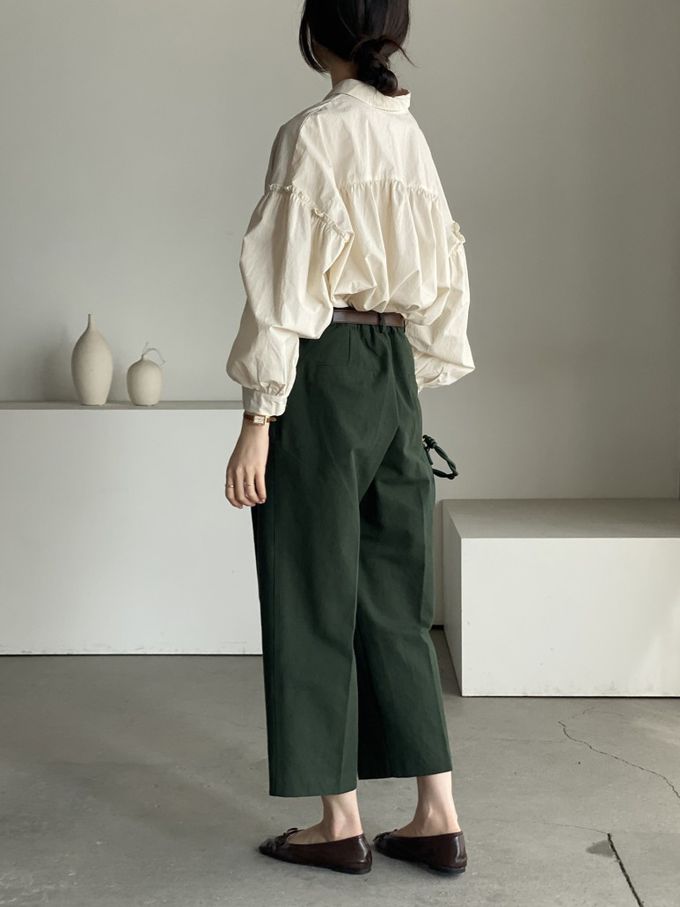 韓國女裝連線 - 極簡拼接翻領長袖襯衫-米杏 (FREE)