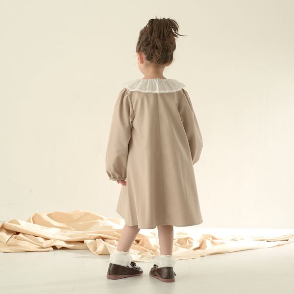 日本 Lycee mine - 薄紗領光澤面料長袖洋裝-粉紅