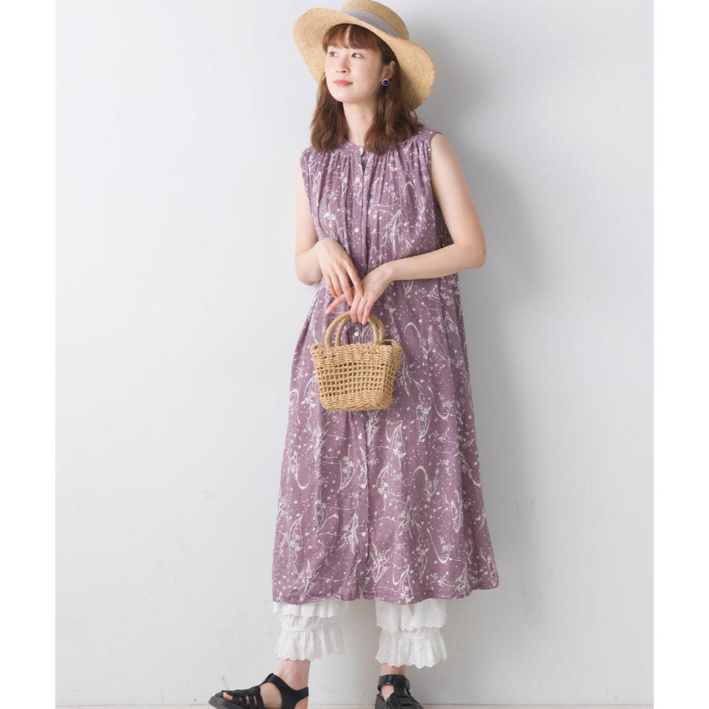 日本女裝代購 - 100%印度棉 透氣印花圓領無袖洋裝-丁香紫