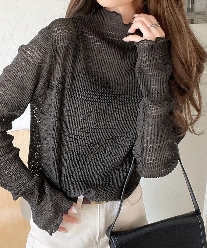 日本 Classical Elf - 鏤空蕾絲木耳邊小高領長袖上衣-白