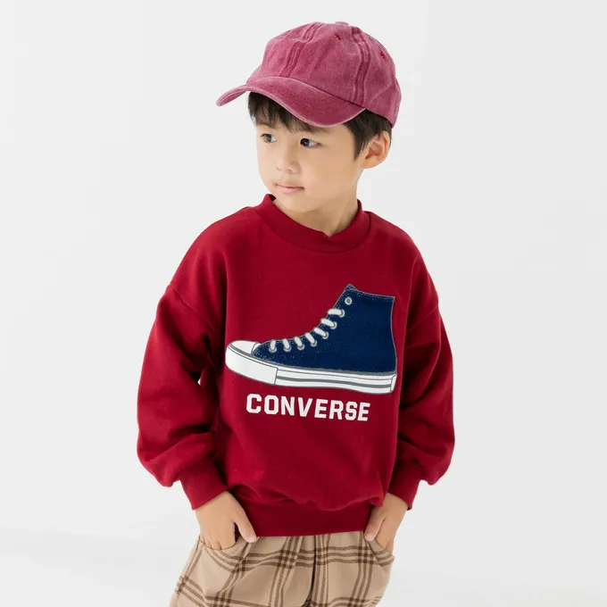 日本 Chil2 - CONVERSE聯名 縮口印花長袖上衣-鞋子-海軍藍