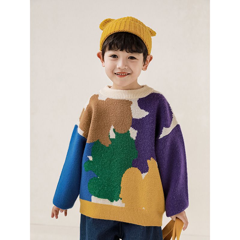 TONGMO - 落肩圓領拼色針織長袖毛衣-杏+藍+紫+黃