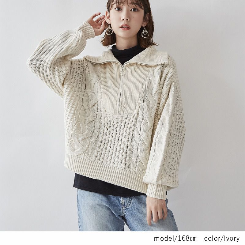 日本 Rejoule - 拉鍊大翻領編織紋針織毛衣-黑 (M(Free size))