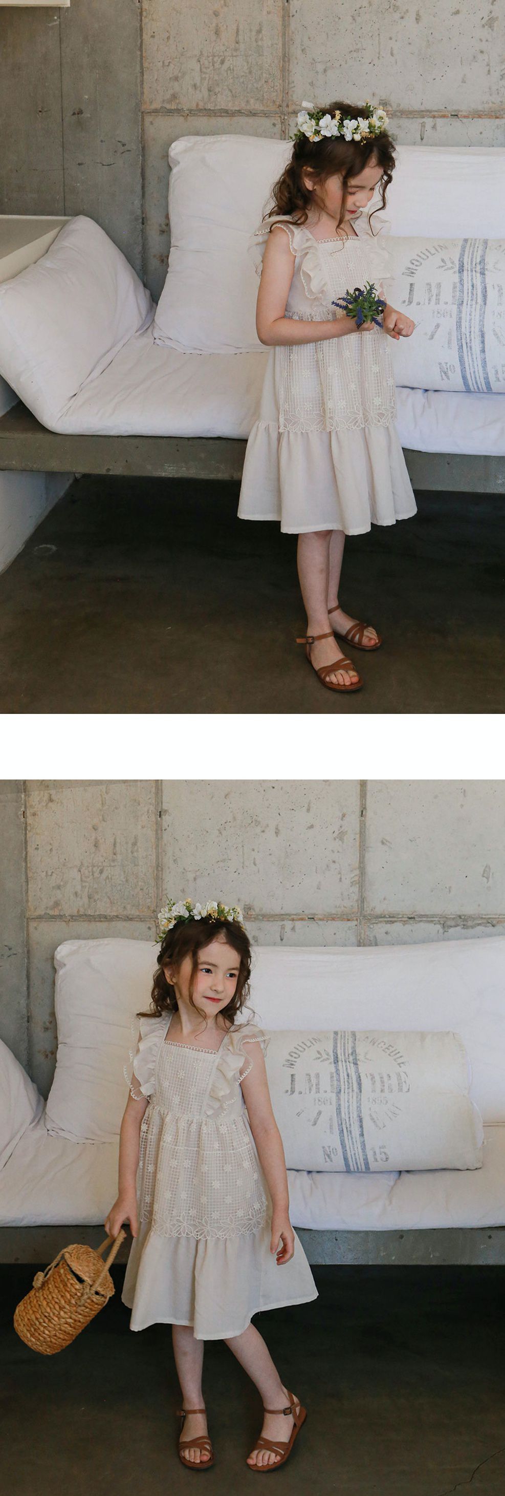 韓國 PuellaFLO - 假兩件格子花朵圍裙洋裝-米白