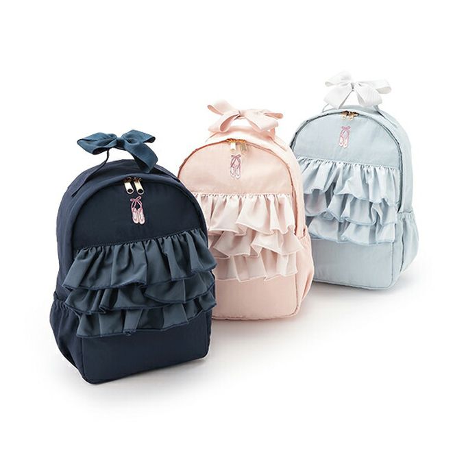 日本 petit main - 夢幻荷葉邊刺繡後背包／書包-靛藍-F (30x20x10cm)