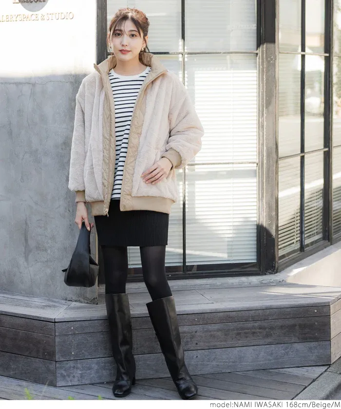 日本 COCA - 雙面穿絨毛絎縫立領鋪棉夾克-軍綠