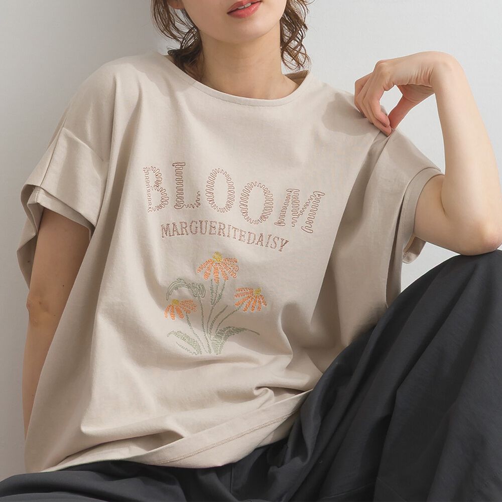 純棉 低調花朵刺繡落肩顯瘦短袖上衣-灰棕