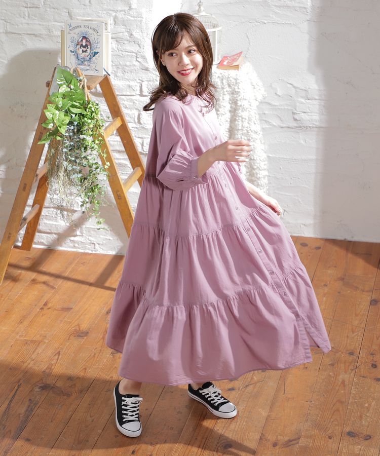 日本 Honeys - 純棉七分袖寬鬆蛋糕裙洋裝-黑