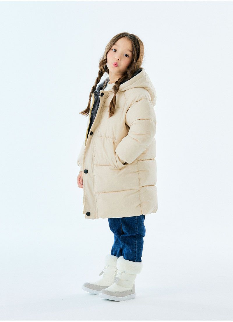 韓國 OZKIZ - 大口袋澎澎長版防風連帽外套-象牙白