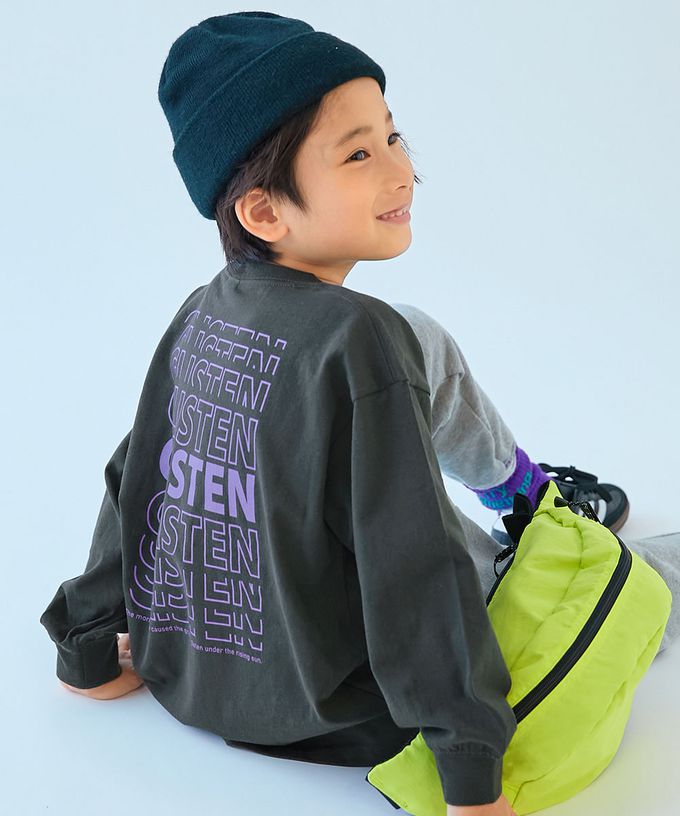 日本 devirock - 100%棉 定番印花寬版長袖上衣-背後狗狗-粉紫