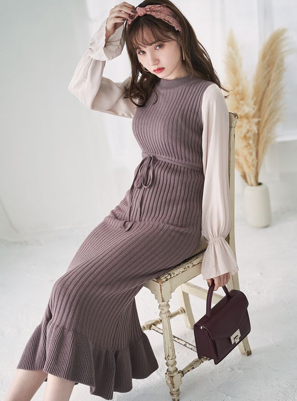 日本 GRL - 異材質拼接雪紡袖針織長洋裝-摩卡