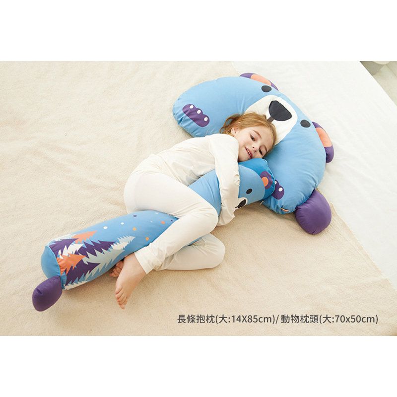 正韓Hello HiZoo - 純手工製多功能防蟎抗菌兒童長條抱枕/靠枕/睡眠輔助枕/側睡抱枕(大款)-守護熊
