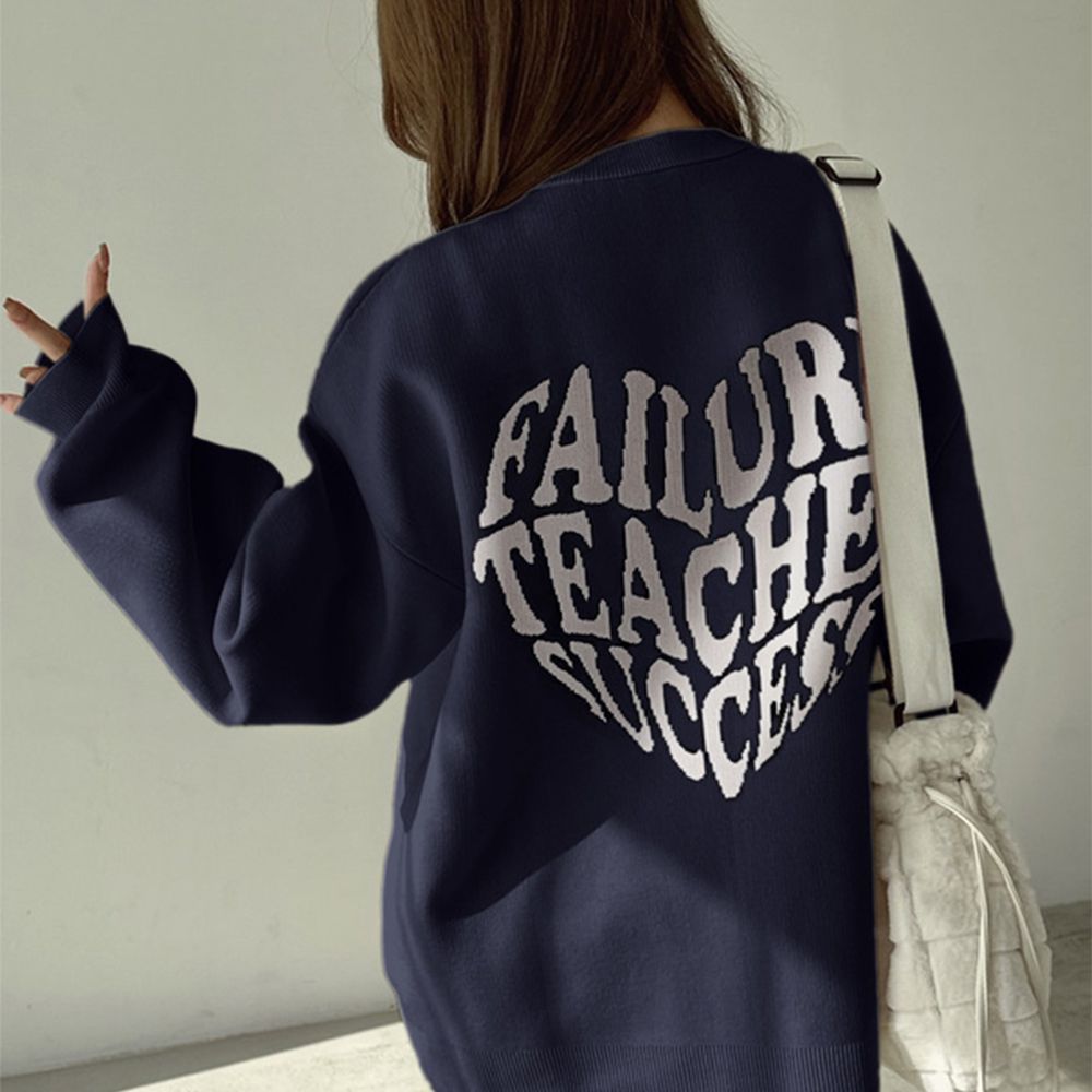 背後甜美愛心寬鬆長版針織上衣-海軍藍 (F)