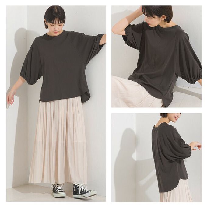 日本 OMNES - 抗透汗 薄透氣球七分袖上衣-水藍