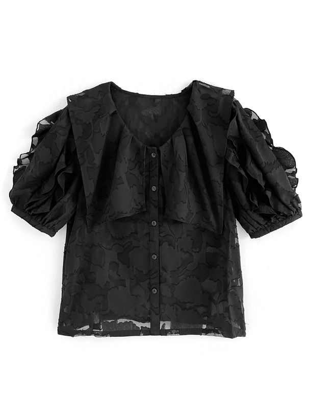 日本 GRL - 浪漫花刺繡荷葉捲邊短袖襯衫-奶油白 (F)