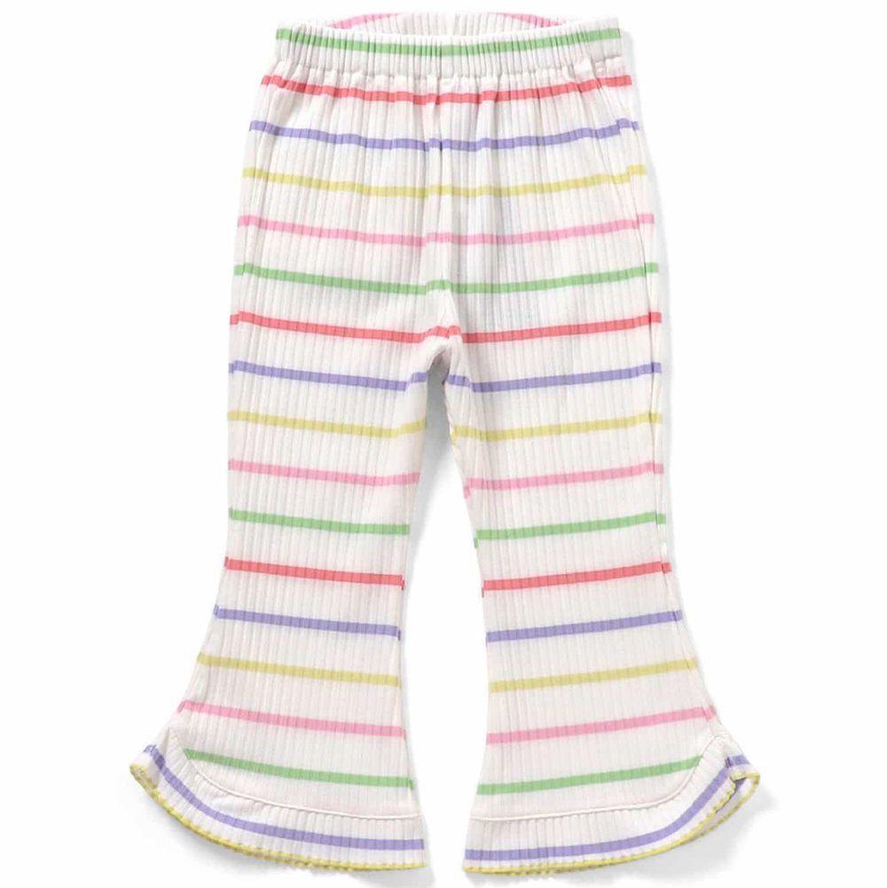 可愛荷葉羅紋合身喇叭褲-彩色條紋-象牙