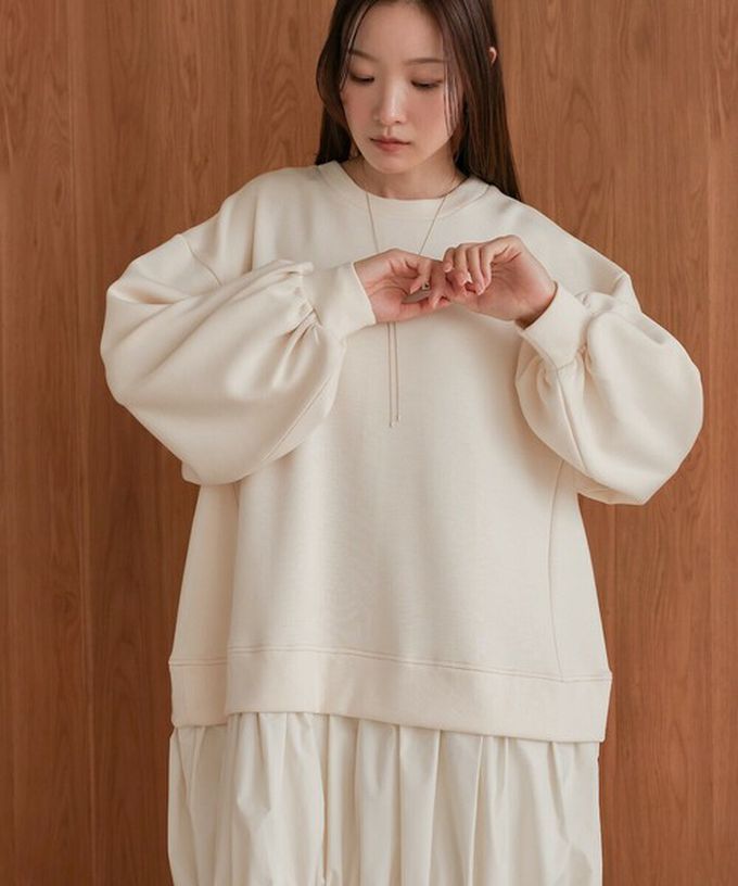 日本 Bab - 柔美造型皺摺拼接長袖洋裝-淺杏