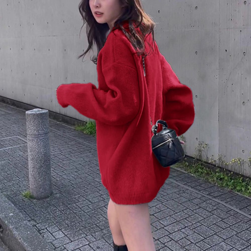 男友風寬鬆長版針織毛衣-紅 (F)