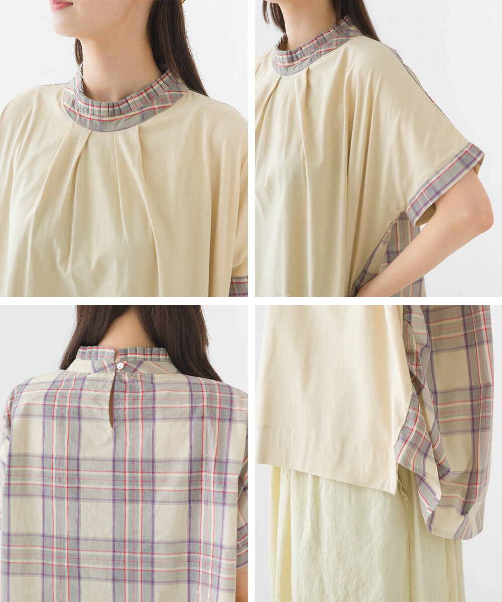 日本女裝代購 - 100%印度棉格紋拼接短袖上衣-深藍